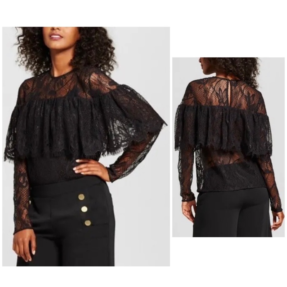 Black Lace Ruffled Color Long Sleeve Blouse Size Small
